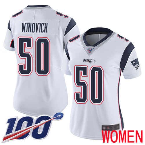 New England Patriots Football #50 100th Season Limited White Women Chase Winovich Road NFL Jersey